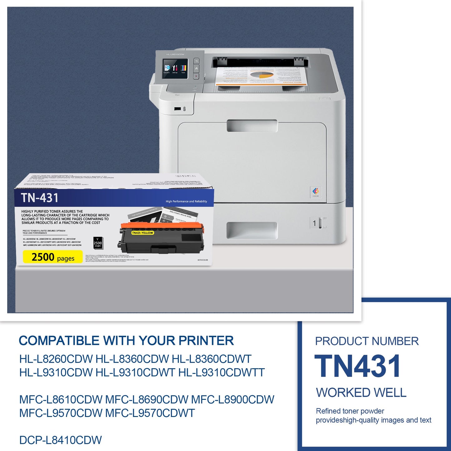 TN431 Toner Cartridges Replacement for Brother TN-431 Toner Cartridges for HL-L8260CDW L8360CDW MFC-L8900CDW L9570CDW Printer (Yellow, 1-Pack)