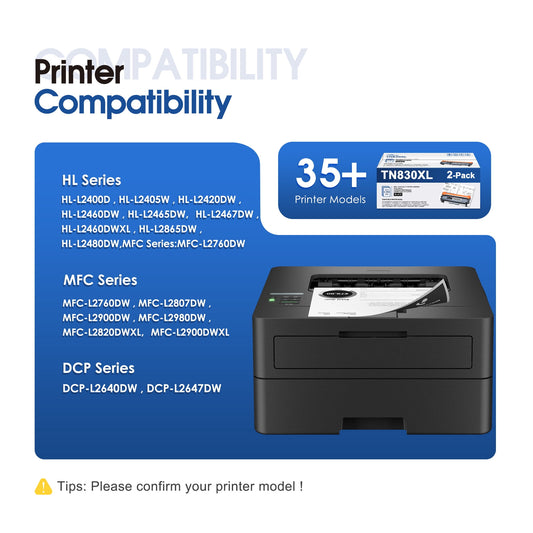 TN830XL 2 Pack Toner Cartridge for TN830XL TN830 High Yield Compatible for Brother DCP-L2640DW HL-L2460DW HL-L2480DW HL-L2400D HL-L2405W MFC-L2820DW Printer (Black)