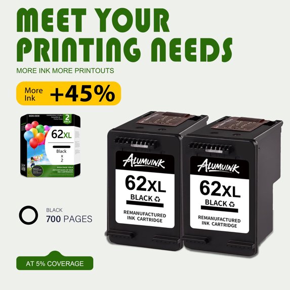 62XL Ink Cartridges 2 Pack Black Compatible for 62 Ink with Envy 7640 OfficeJet 200 Printer