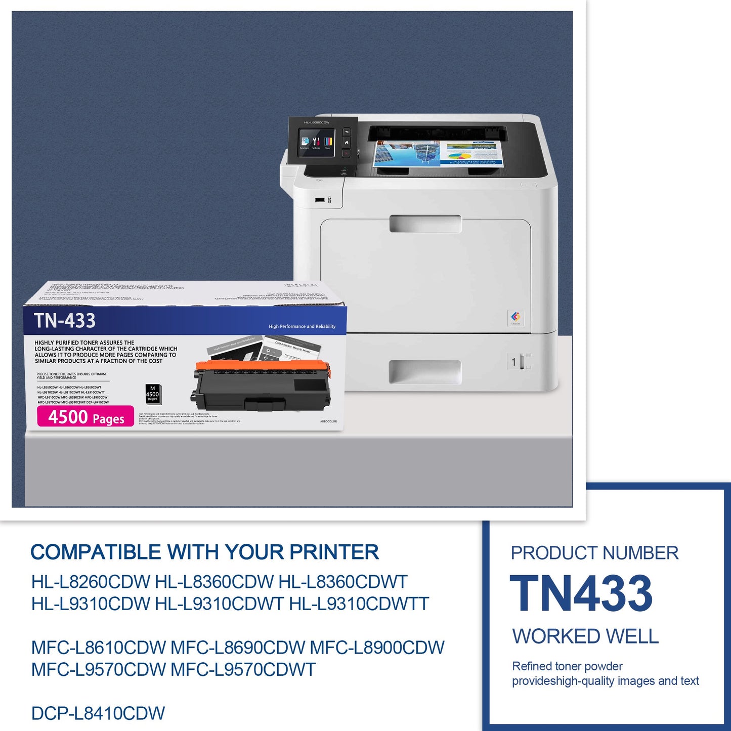 TN433 Toner Cartridge (Magenta) 1 Pack Compatible for Brother TN-433 Toner Cartridge for HL-L8260CDW L8360CDW MFC-L8900CDW L9570CDW Printer