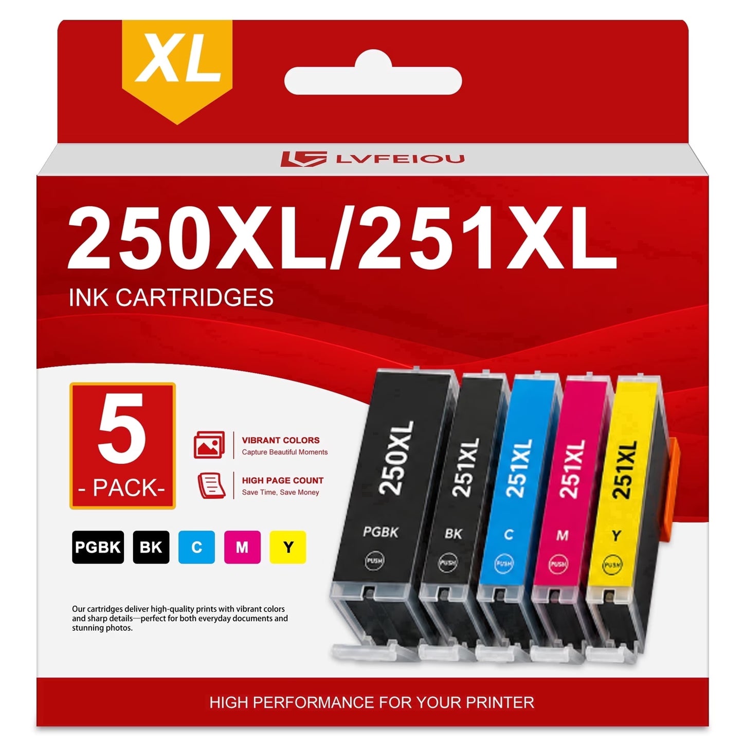 PGI-250XL CLI-251XL Ink Cartridges Compatible for Canon 250 251 Ink 250XL 251XL Ink Cartridges for Canon Pixma MG5420 MG5622 MG6320 MX922 IP7220 IP8720 Printers (5 Pack)