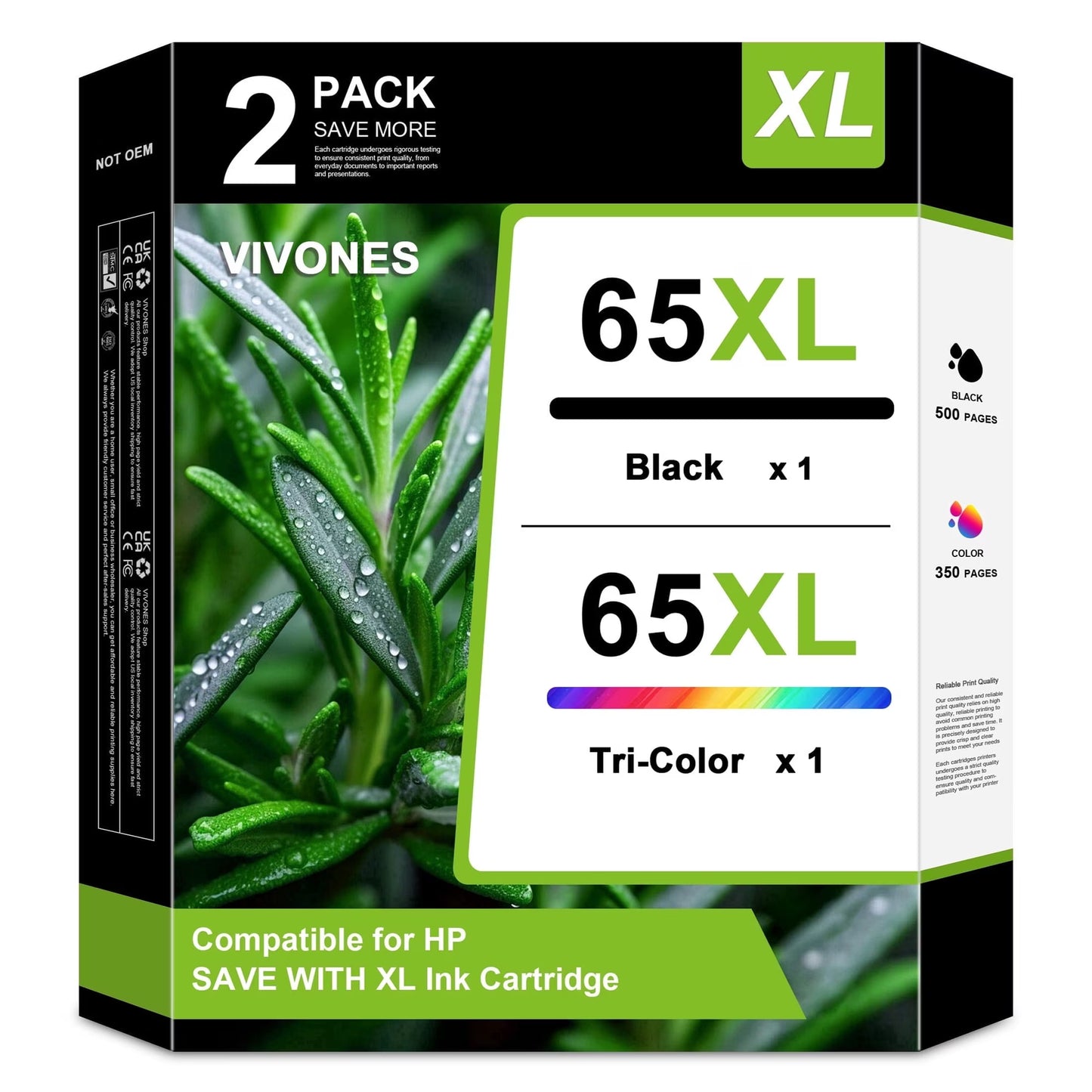 65XL Ink Cartridges Combo Pack Compatible for 65XL Ink Cartridge Work with Deskjet 3755 2600 2621 2622 Envy 5055 5052 5058 5012 AMP 100 105 120 125 130 Printers (2 Pack)