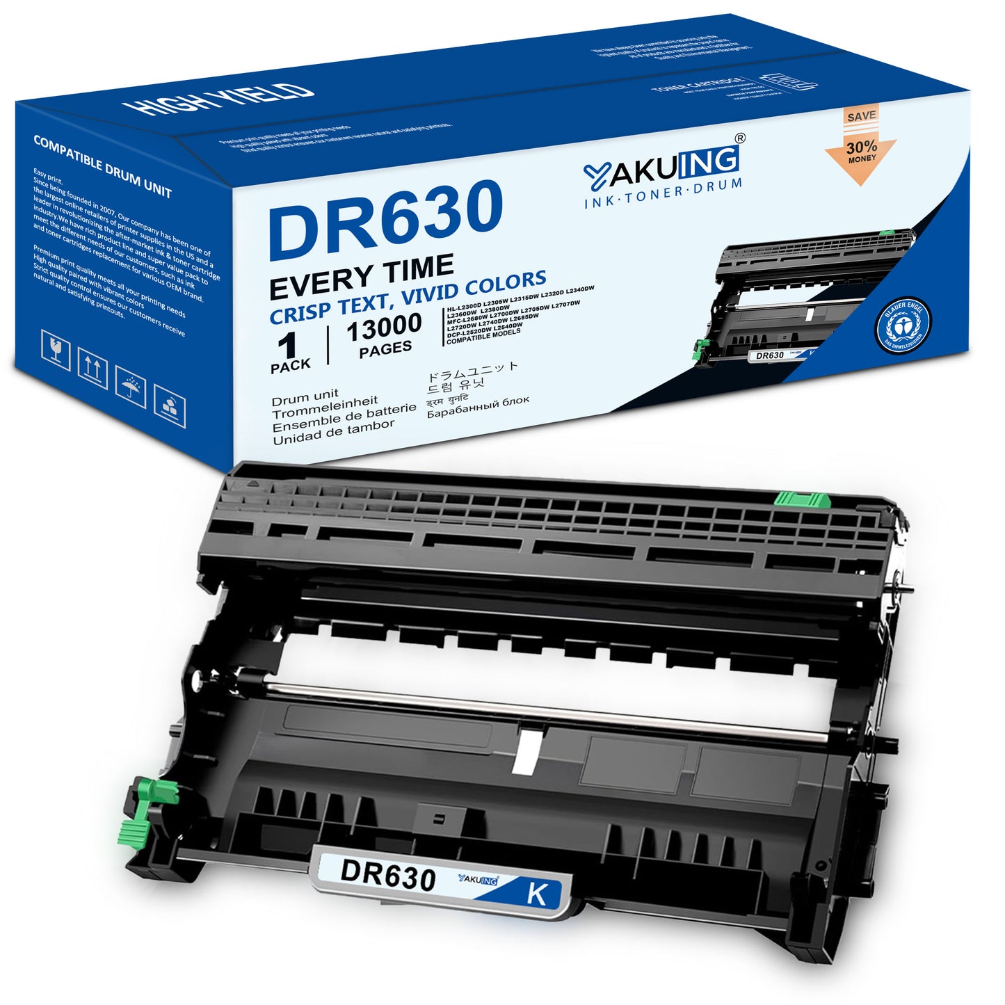 DR630 DR-630 Drum Unit Compatible for Brother DR630 High Yield Black Works with DCP-L2540DW MFC-L2700DW L2705DW HL-L2315DW L2320D [ 1-Pack, 13000 Pages Per drum unit]
