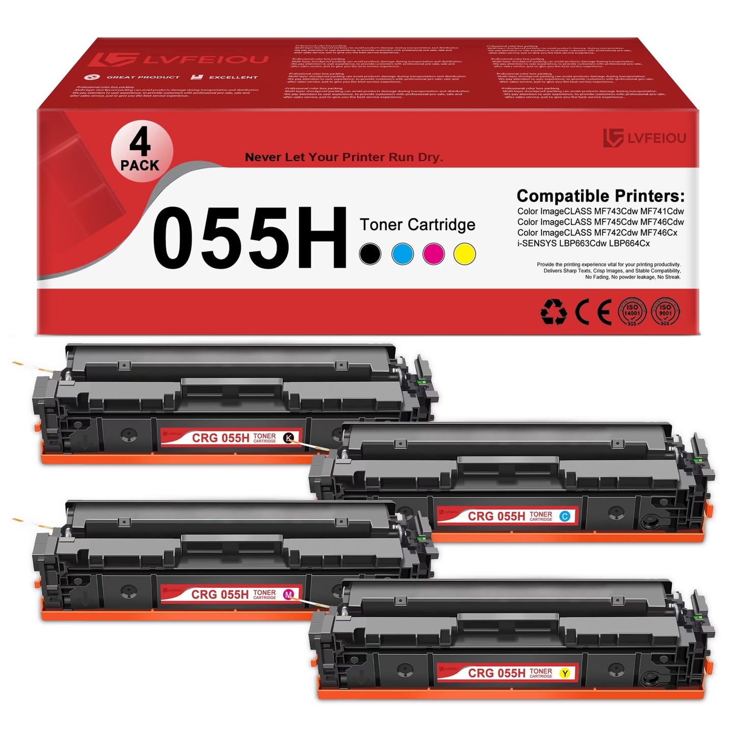 4 Pack CRG-055H 055H Toner Cartridge Compatible for Canon CRG 055H Toner Color ImageCLASS MF743Cdw MF741Cdw i-SENSYS LBP663Cdw LBP664Cx Printers (Black / Cyan / Magenta / Yellow)