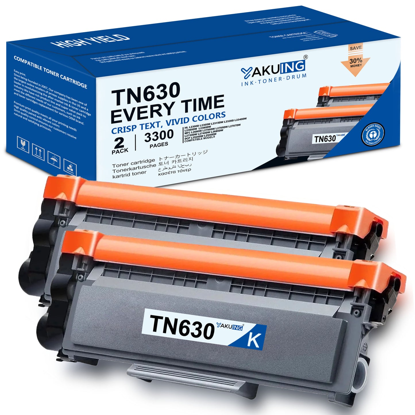 TN630 TN 630 Toner Cartridge Compatible for Brother TN630 High Yield Black Works with HL-L2320D L2340DW DCP-L2540DW MFC-L2720DW L2740DW ( 2 Black )
