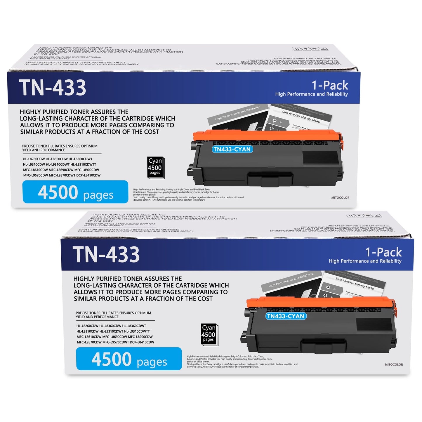 2 Pack TN433 Cyan High Yield Toner Cartridge TN-433 Compatible Replacement for Brother HL-L8260CDW L8360CDW MFC-L8900CDW L9570CDW Printer