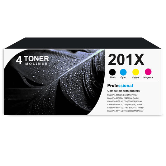 201X Toner Cartridges 4 Pack High Yield with Chip, CF400X Black CF401X Cyan CF402X Yellow CF403X Magenta Compatible for HP 201X 201A for Color Pro M252, Color Pro MFP M277 Series Printer
