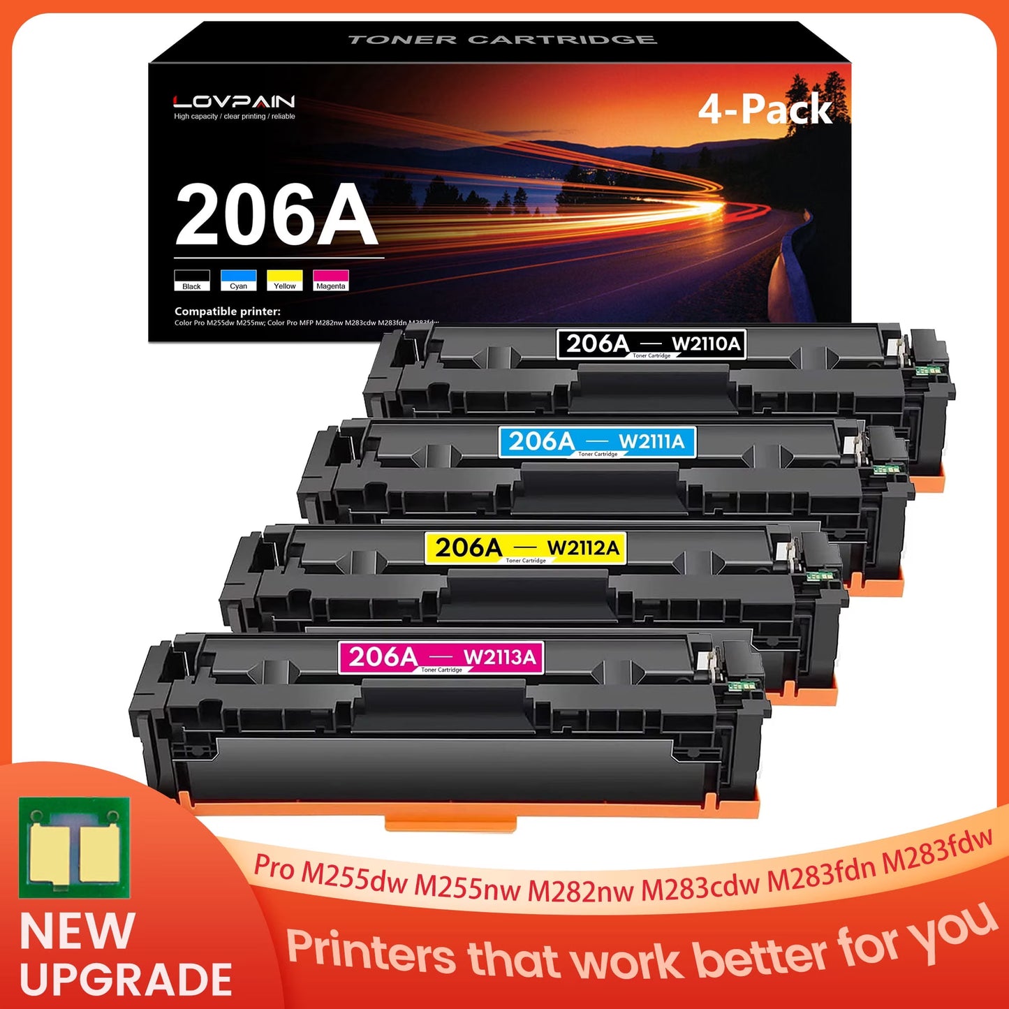 206A W2110A Toner with Chip Compatible for 206A Toner Cartridges Set Color Pro M255 M283 M282 Printer (4 Pack)