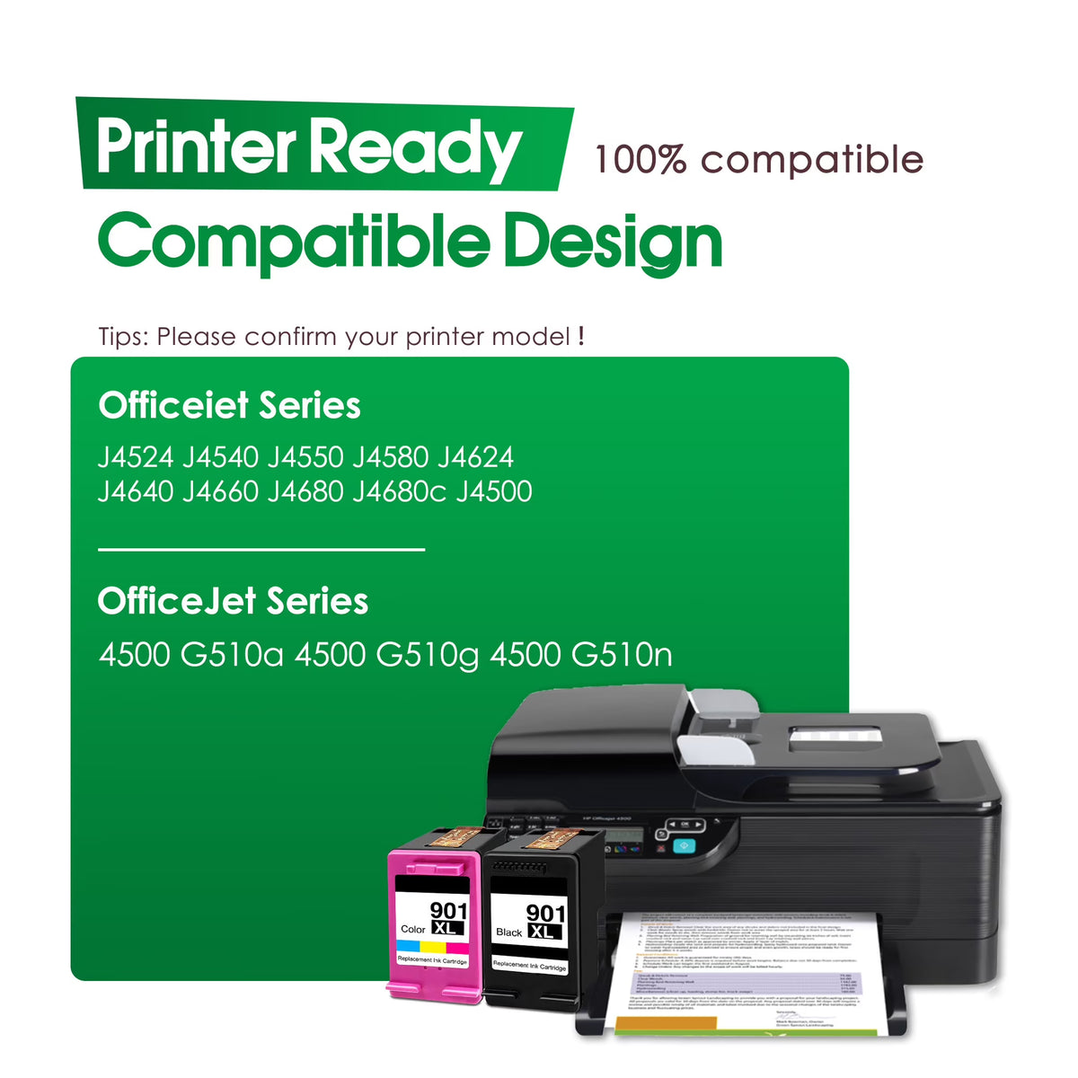 901XL Ink Cartridges Compatible for HP 901XL Ink Cartridge Work with Officejet 4500 G510a 4500 G510g Officejet J4524 J4540 J4550 J4580 Printers (1 Black /1 Tri-Color)
