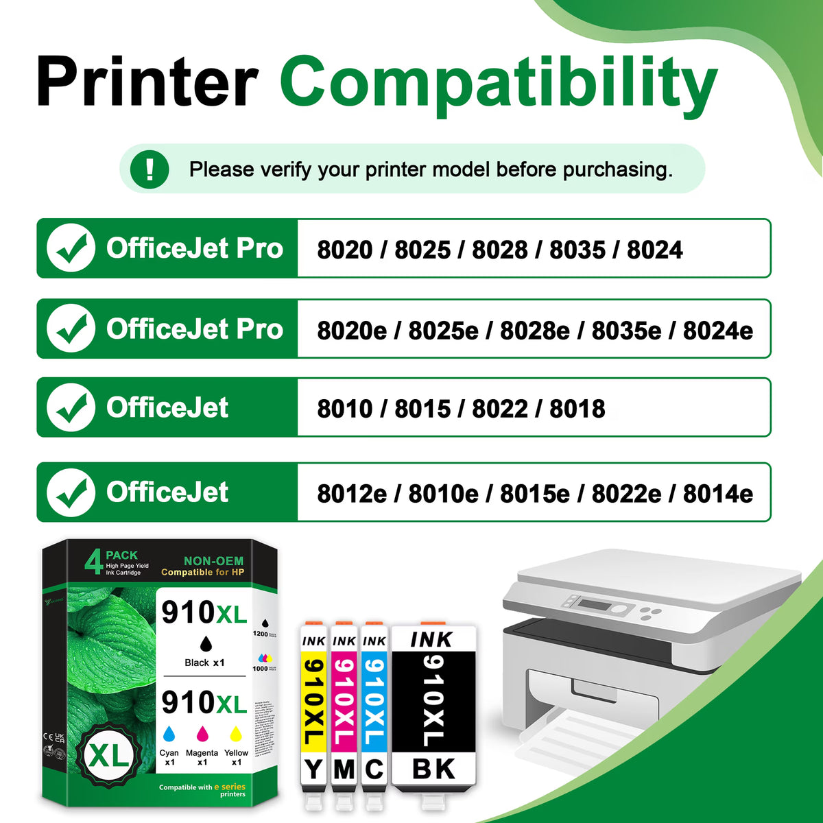 910 XL 910XL Ink Cartridge Compatible for HP 910 910XL Ink Cartridges Combo Pack for OfficeJet Pro 8020 8025 8028 8018 8022 8035 8010 Printer (1 Black / 1 Cyan / 1 Magenta / 1 Yellow)