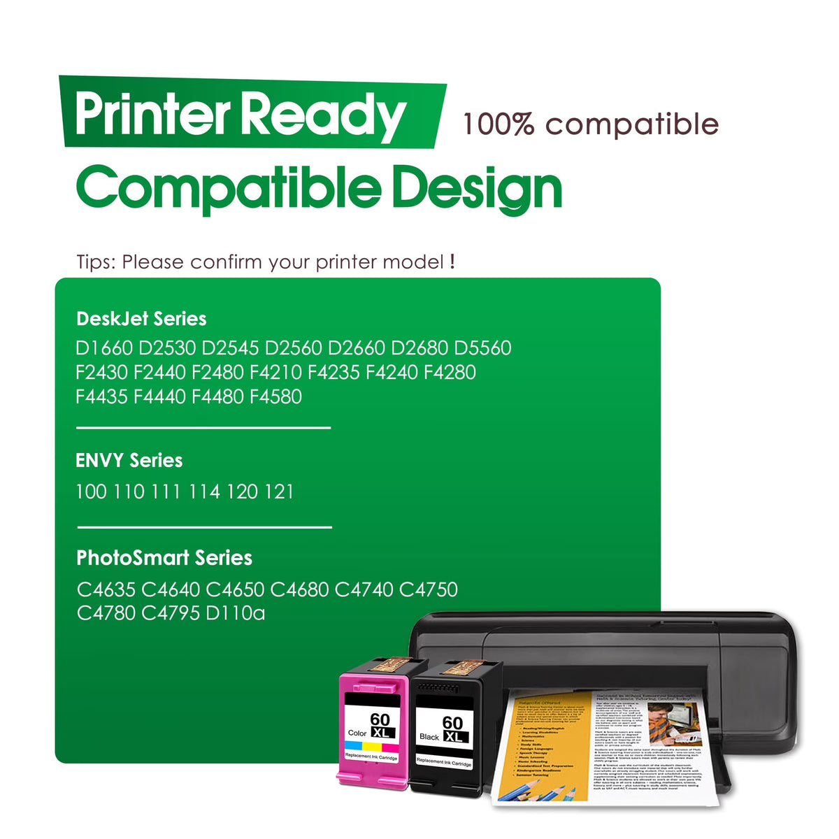 60XL Ink Cartridges Compatible for HP 60 XL 60 Ink Cartridge Work with DeskJet D1660 D2530 ENVY 100 110 111 PhotoSmart C4635 C4640 Printers (1 Black / 1 Tri-Color)