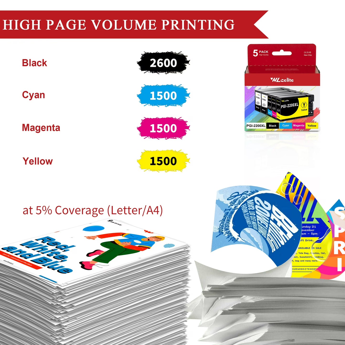 2200XL Ink Cartridge Compatible for Canon PGI 2200XL Ink Cartridges for IB4020 MB5020 MB5320 Printer (5 Pack)
