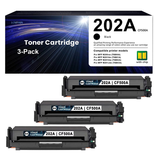 3-Pack Black High Yield 202A | CF500A Toner Cartridge Compatible for HP Color Pro MFP M280nw M281fdn M254dn Printer