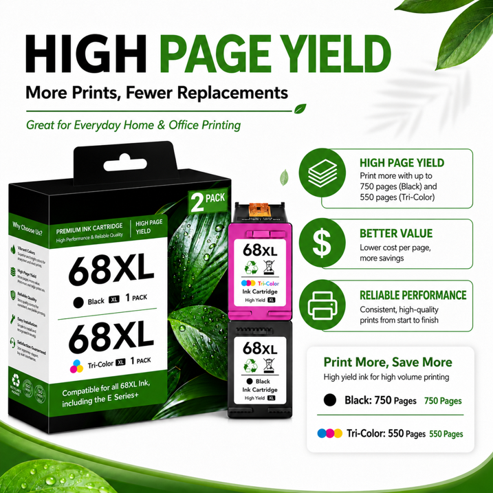 68XL Ink Cartridges Compatible for HP68 Ink Cartridges combo pack Black Tri-Color for Envy 6100e 6500e Series (2 Pack)