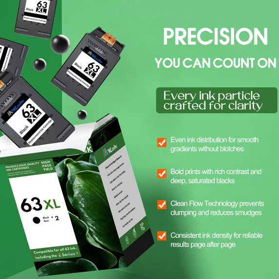 63 Ink 63XL Black Ink Cartridge Compatible for 63 XL Ink Cartridges for OfficeJet 4650 4652 Envy 5255 Printer（2 Pack）