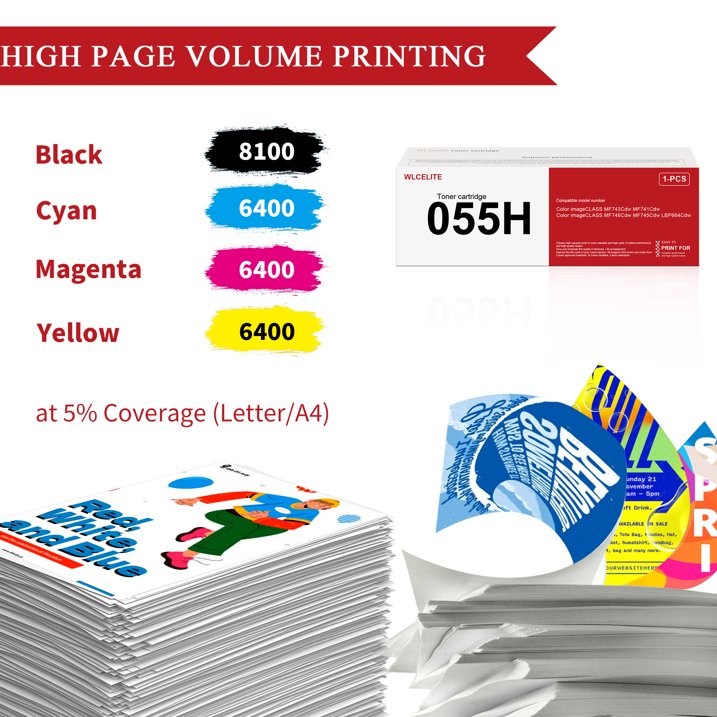 CRG 055H Toner Compatible for Canon 055H Toner Cartridge MF745Cdw LBP664CdW Printer（1*Black 1*Cyan 1*Magenta 1*Yellow）