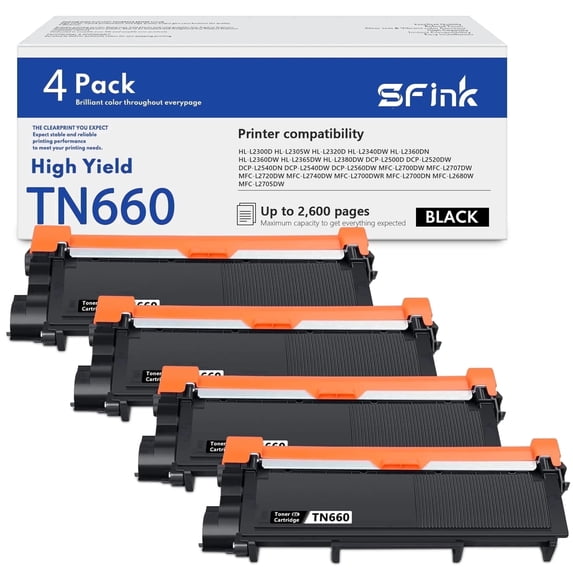 TN660 TN630 Toner Cartridge High Yield 4-Pack Black Compatible for Brother TN-660 TN 660 TN-630 TN 630 for HL-L2320D HL-L2380DW MFC-L2740DW Printer