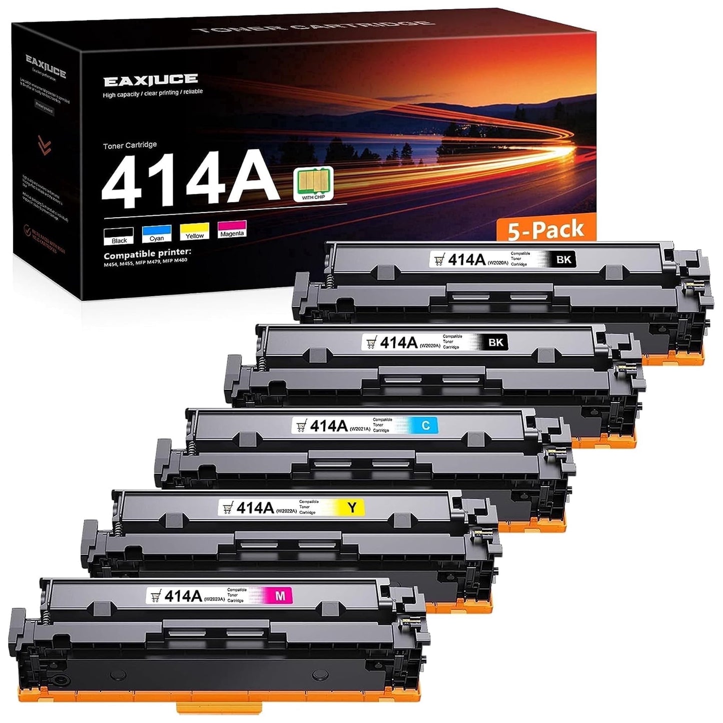 414A Toner Cartridge 5-Pack (with Chip) Compatible for 414A Color Pro MFP M479fdw, MFP M454dw M479fdn, MFP M454dn M480f - W2020A (BK/C/M/Y)