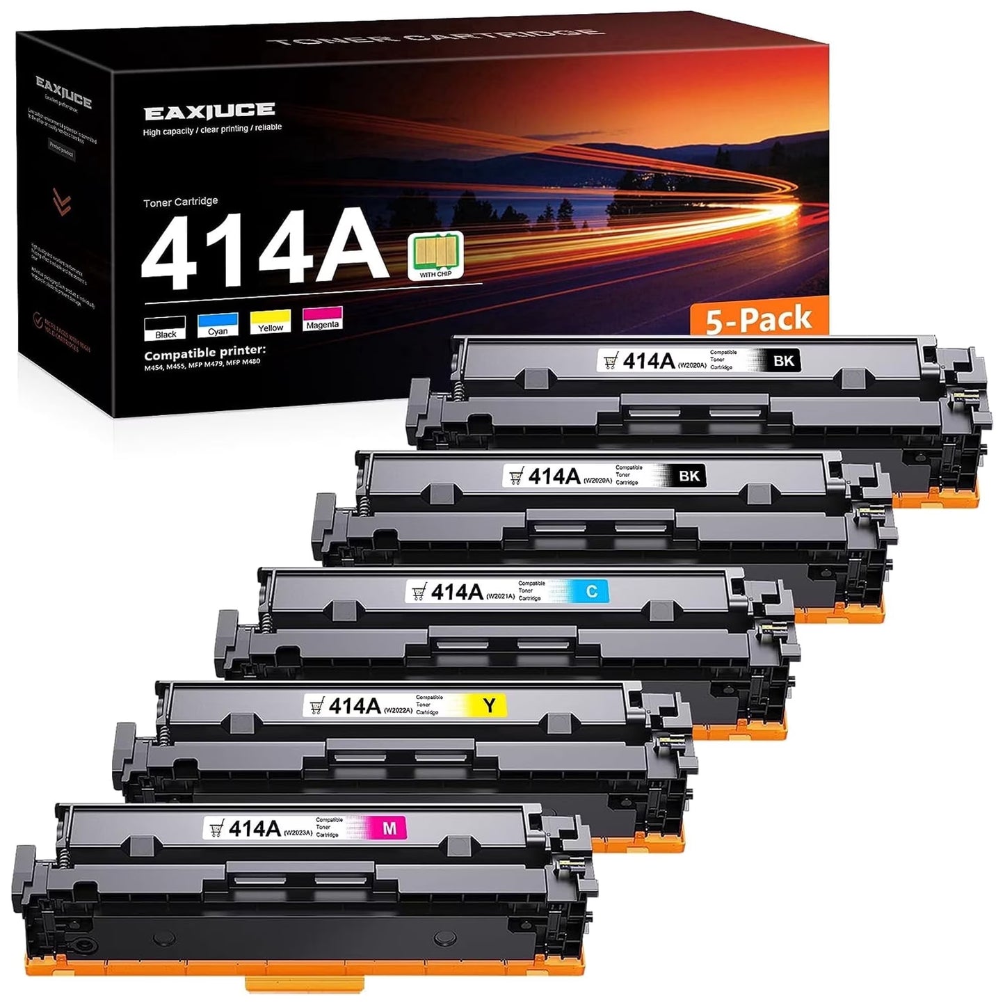 414A Toner Cartridge 5-Pack (with Chip) Compatible for 414A Color Pro MFP M479fdw, MFP M454dw M479fdn, MFP M454dn M480f - W2020A (BK/C/M/Y)