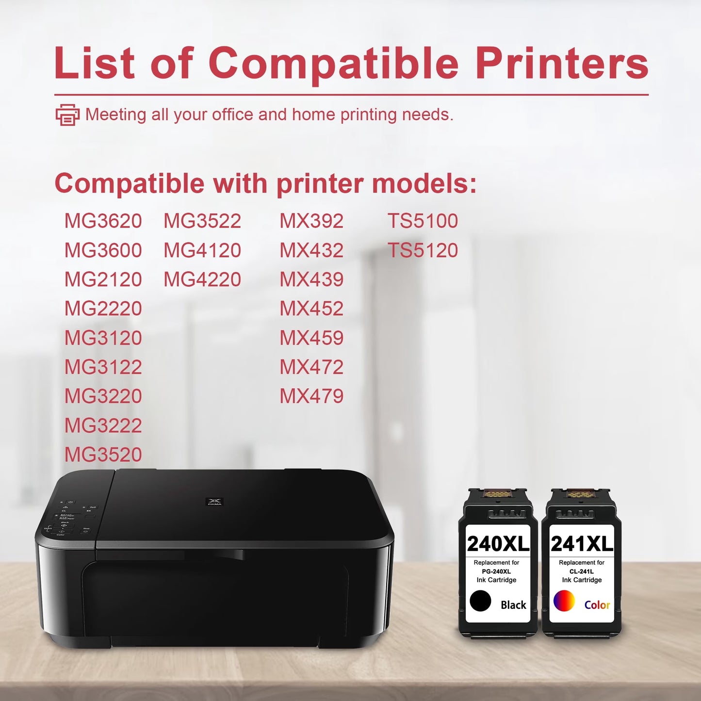 240XL 241XL Ink Cartridge 2 Pack Compatible for Canon 240 XL 241 XL Combo Pack Ink for PIXMA MG3620 MG3600 MG2120 MG3120 TS5120 Printer (Black/Tri-Color)