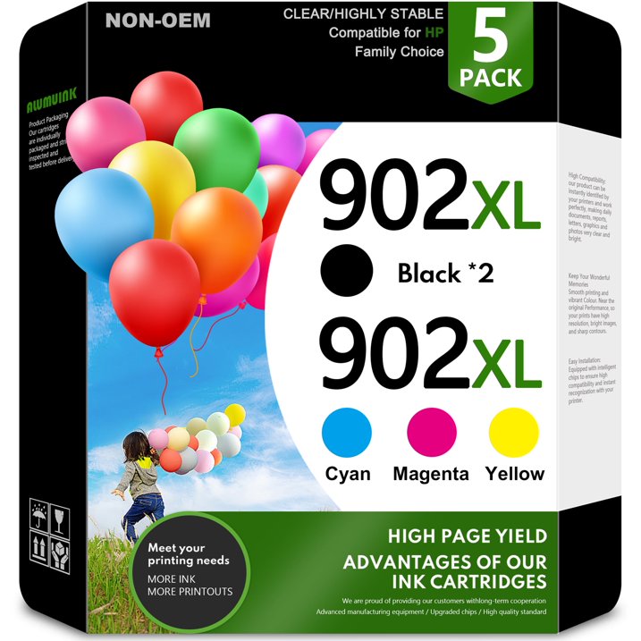5-Pack 902XL 902 Ink Cartridge Compatible for HP 902XL Ink Cartridge for OfficeJet Pro 6960 6968 (2 Black 1 Cyan 1 Magenta 1 Yellow)