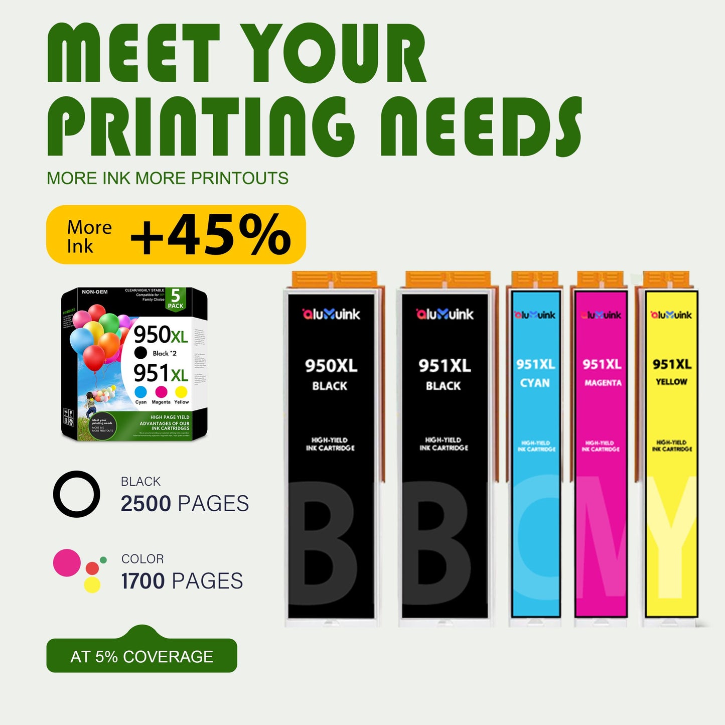 5 Pack 950XL 951XL Ink Cartridge Compatible for HP 950 951 Ink Cartridge Combo Pack ( Black Cyan Magenta Yellow)