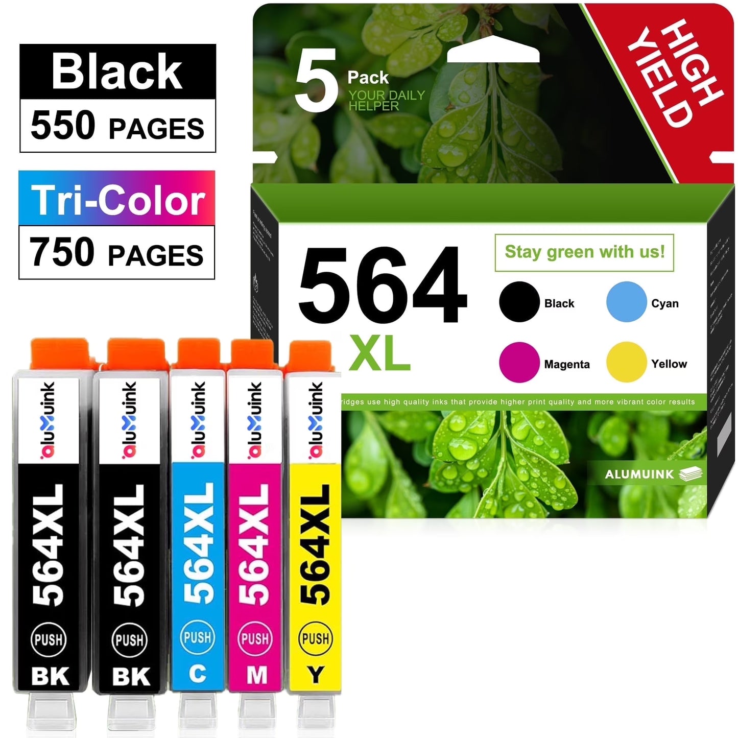 564XL 564 Ink Cartridge 564 XL Printer Ink Cartridges Combo Pack with OfficeJet 4620 4622 Photosmart 5520 6520 7510 Printer (5 Pack 2 Black 1 Cyan 1 Yellow 1 Magenta)