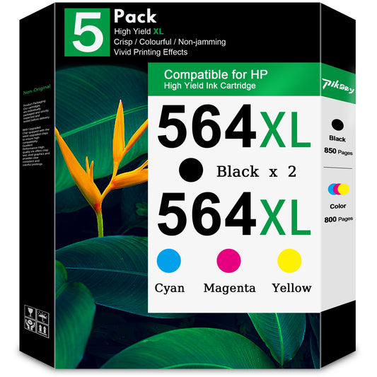 564XL Ink Cartridges 5-Pack (2Black/1Cyan/1Magenta/1Yellow) Compatible for HP 564 Ink Cartridges Work with DeskJet 3520 OfficeJet 4622 Printers