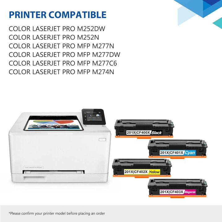 201X Toner Cartridges 4 Pack High Yield with Chip, CF400X Black CF401X Cyan CF402X Yellow CF403X Magenta Compatible for 201X 201A for Color Pro M252, Color Pro MFP M277 Series Printer