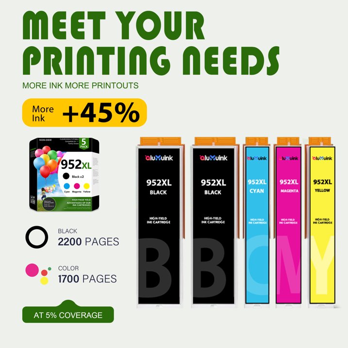 5-Pack 952 XL Ink Cartridge Compatible for HP 952 Ink Black*2 Cyan*1 Magenta*1 Yellow*1 High Yield