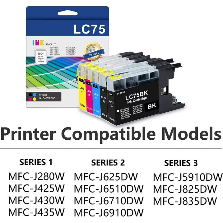 LC75 5-Pack (BK/C/M/Y) High Yield Ink Cartridge Compatible for Brother LC75 Mfc-J280W Printer
