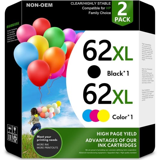 62XL Ink Black/Tri-Color Compatible for HP 62 Ink Cartridges for HP Envy 7640 Officejet 8040 Printer