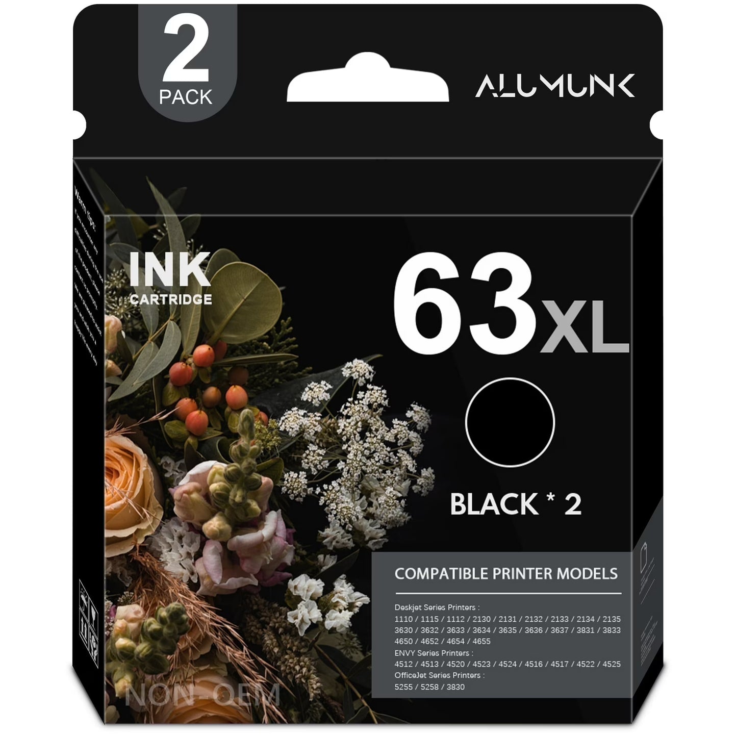 63 Ink 63XL Black Ink Cartridge Compatible for HP 63 XL Ink Cartridges for OfficeJet 4650 4652 Envy 5255 Printer（2 Pack）