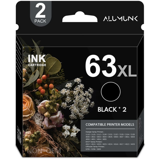 63 Ink 63XL Black Ink Cartridge Compatible for HP 63 XL Ink Cartridges for OfficeJet 4650 4652 Envy 5255 Printer（2 Pack）