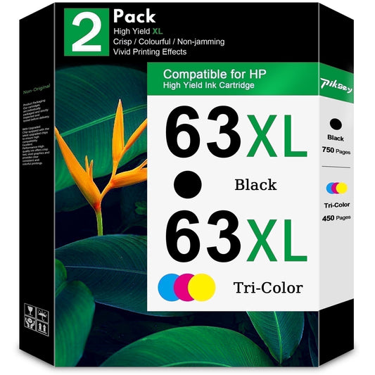 63 XL 63XL Ink Cartridges 2-Pack Black Tri-Color Compatible for HP 63 Ink Cartridges for DeskJet 3630 3632 OfficeJet 3830 4650 5255 Envy 4520 4512 Printers