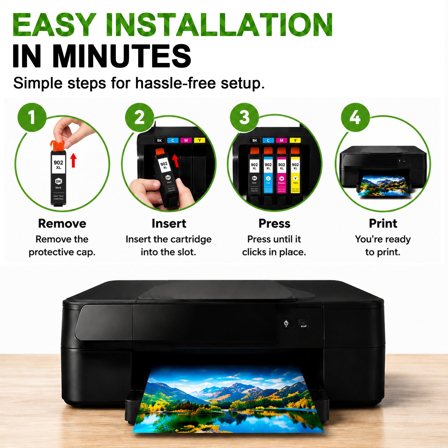 902XL Ink Cartridges Combo Pack Compatible for 902 xl 902 Ink Cartridges Works with OfficeJet Pro 6968 6970 6962 6958 Printers (4-Pack)