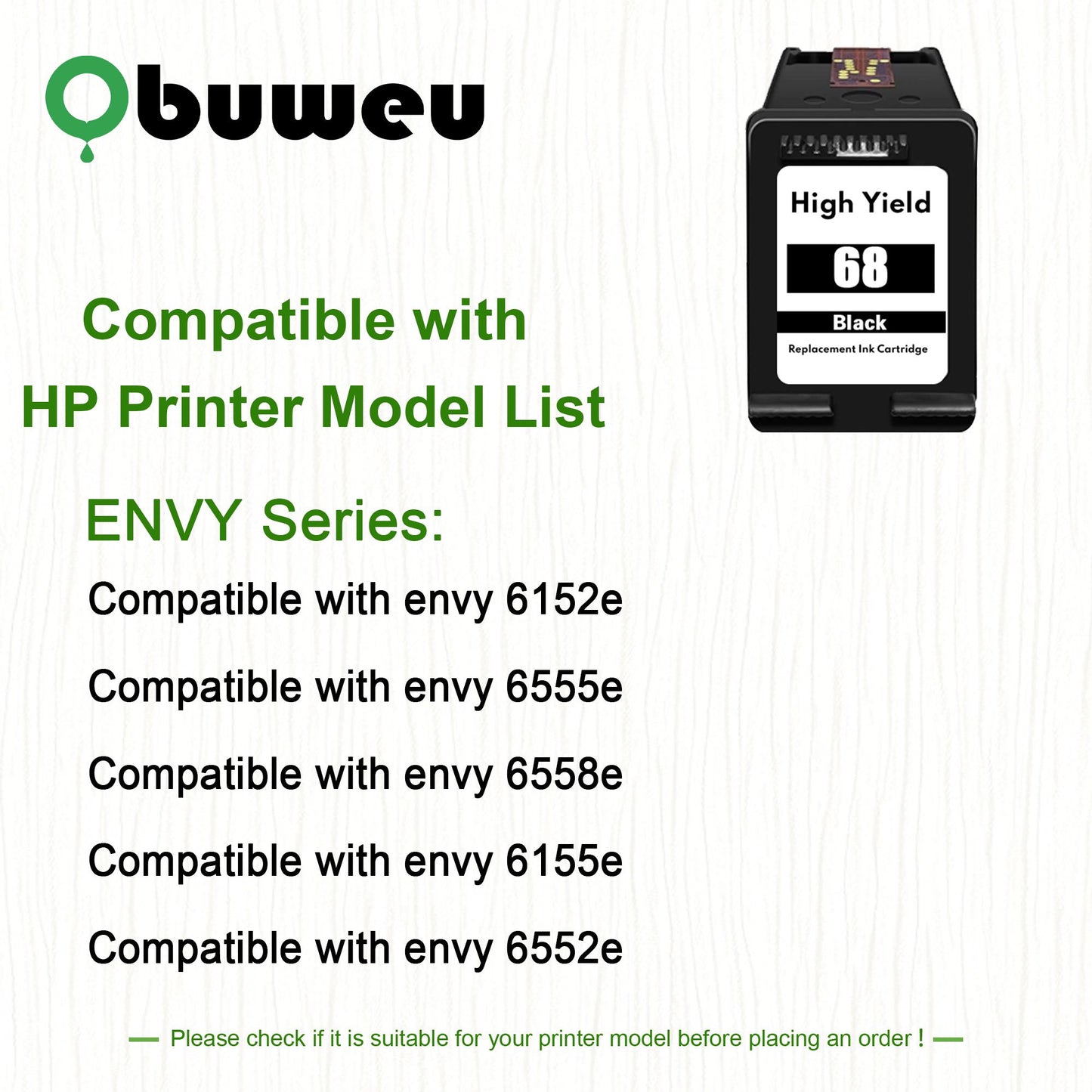 68 Ink Cartridge 1-Pack Black Compatible for HP68 Ink Cartridges for Envy 6552e 6555e 6155e 6152e 6558e 6552e 6555e Printers