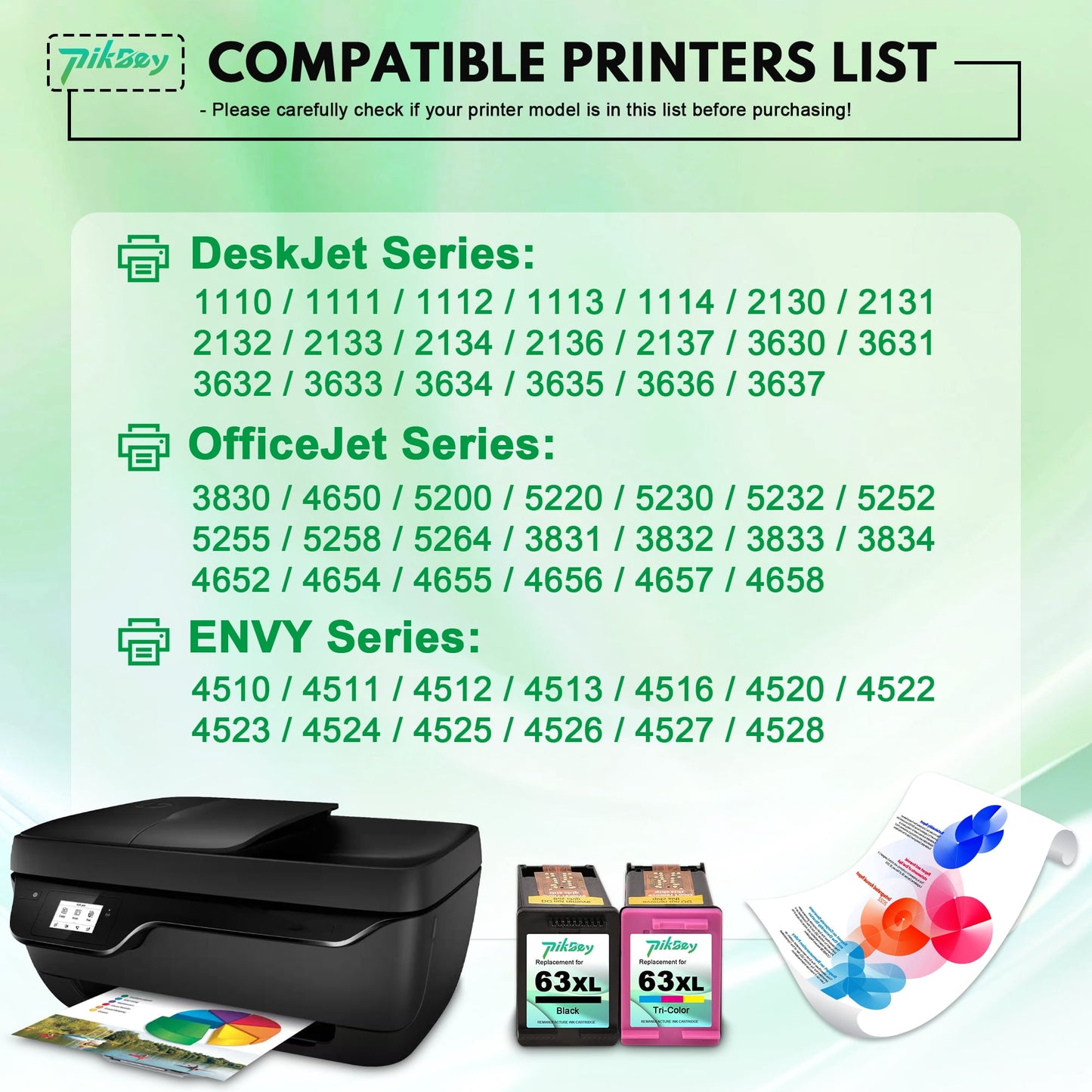 63 XL 63XL Ink Cartridges 2-Pack Black Tri-Color Compatible for HP 63 Ink Cartridges for DeskJet 3630 3632 OfficeJet 3830 4650 5255 Envy 4520 4512 Printers