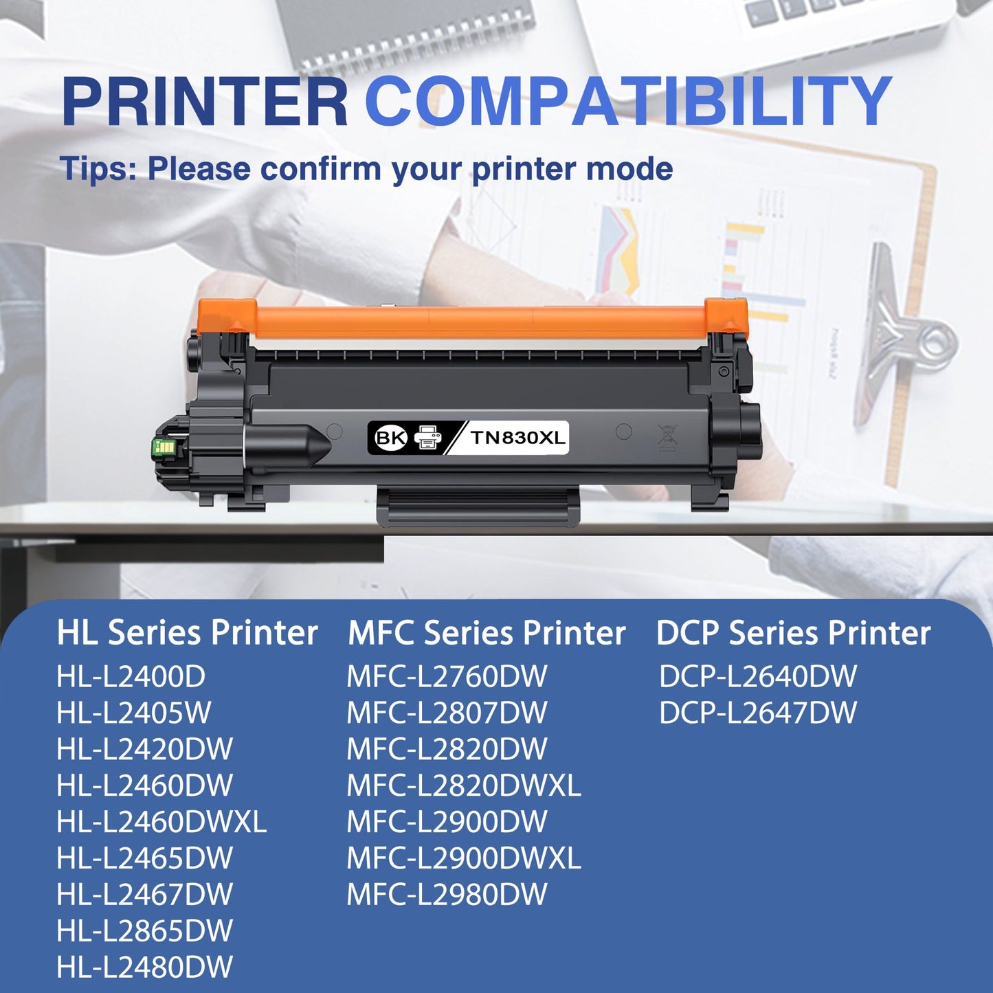 TN830xl TN-830 Toner Cartridge Compatibles for Brother TN 830xl Compatibles for HL-L2465DW MFC-L2760DW Series Printers 2 Pack Black