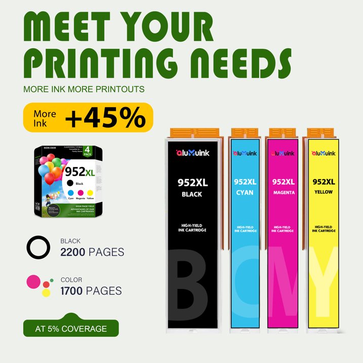952 xl Ink Cartridge Black,Cyan,Magenta,Yellow Compatible for HP 952 Ink Cartridge 4 Pack 952xl Ink 8740 8730 Printer