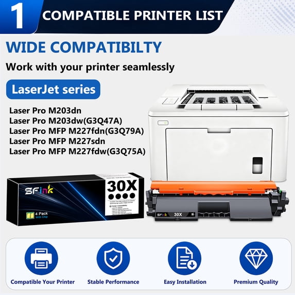 30X (Black ) Toner Cartridges Compatible for HP30X CF230X for LaserJet Pro M203dw M203dn;LaserJet Pro MFP M227fdw M227fdn M227sdn 4-Pack