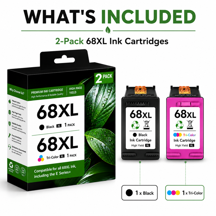 68XL Ink Cartridges Compatible for HP68 Ink Cartridges combo pack Black Tri-Color for Envy 6100e 6500e Series (2 Pack)