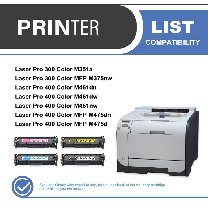 305A CE410A Toner Cartridge 4-Pack Compatible for HP 305A CE410A Toner Cartridges for Laser Pro 300 M351a MFP M375nw Laser Pro 400 M451 MFP M475 Series Printer (1 Black, 1 Cyan, 1 Magenta, 1 Yellow)