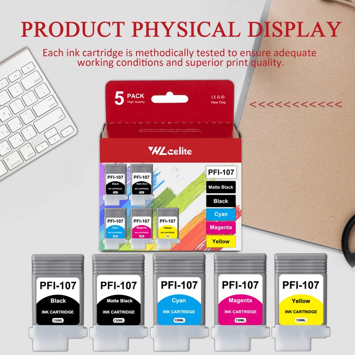 PFI 107 Ink Cartridge 130ml Replacement for Canon 107 Ink for iPF680 iPF685 Printer（5 Pack,1*Matte Black 1*BK 1*C 1*M 1*Y）