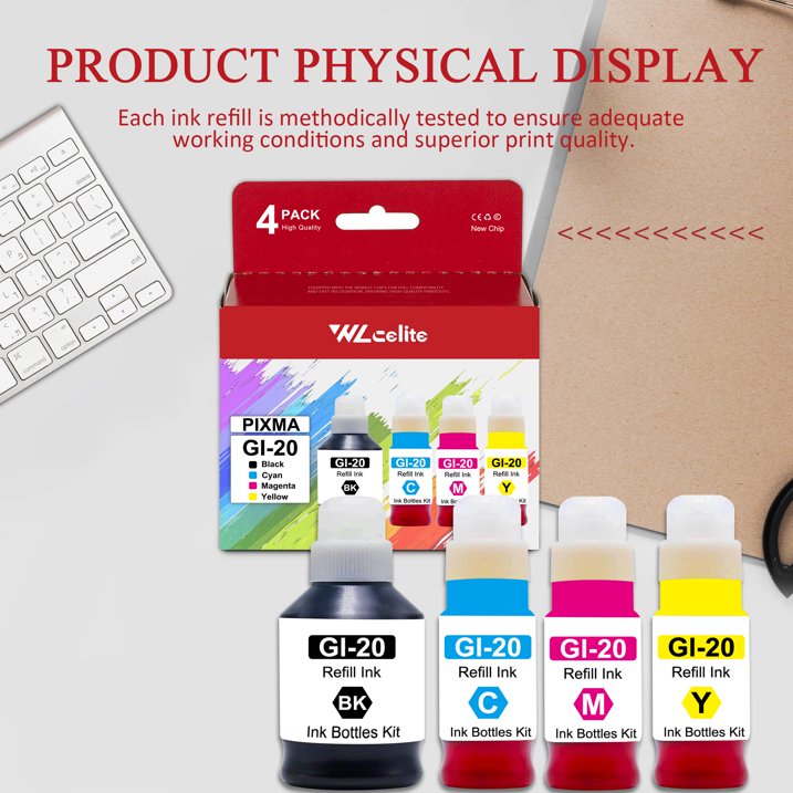 GI 20 Ink Refill Compatible for Canon 20 Ink Refill Bottles Kit for PIXMA G5020 G6020 G7020 Printer（4 Pack）
