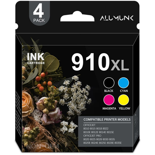 910 Ink Cartridge Compatible for HP 910 910XL Ink Cartridges for OfficeJet Pro 8020 8025(Black Cyan Magenta Yellow)
