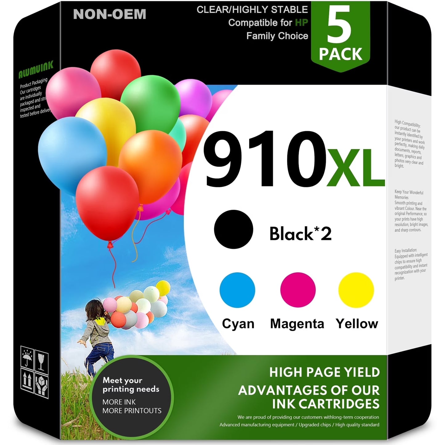 ALUMUINK 910XL Ink Cartridge, High Yield, Compatible with OfficeJet Pro Printers, Black/Cyan/Magenta/Yellow, 5-Pack