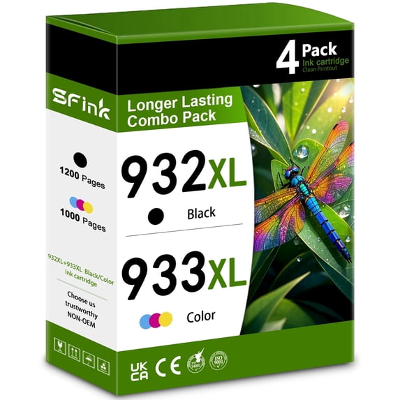 932XL 933XL (4-Pack 1BK/1C/1M/1Y) Ink Cartridge Compatible for HP932XL 933XL Ink Cartridges for OfficeJet 7620 7612 7510 6100 6600 6700 7110 7610 Printers