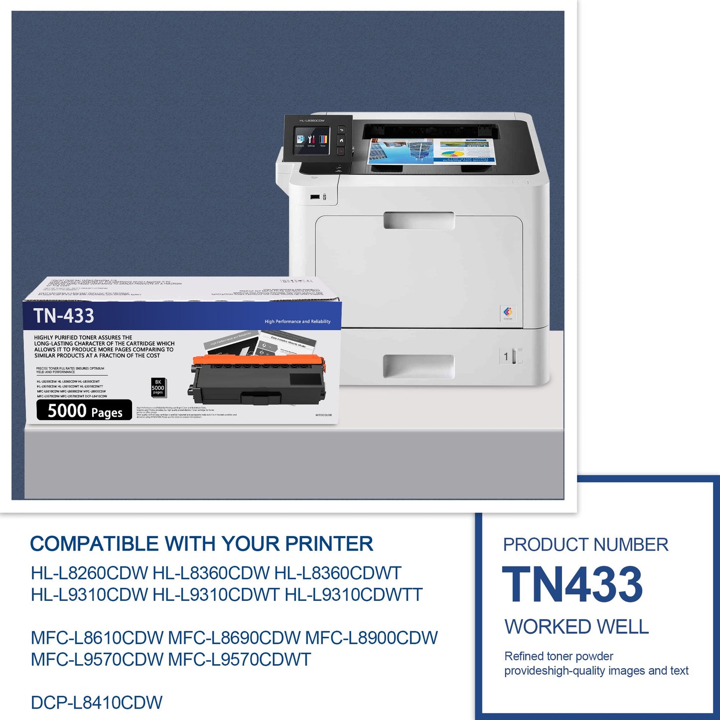 1 Pack TN433 Black High Yield Toner Cartridge TN-433 Compatible Compatible for Brother HL-L8260CDW L8360CDW MFC-L8900CDW L9570CDW Printer