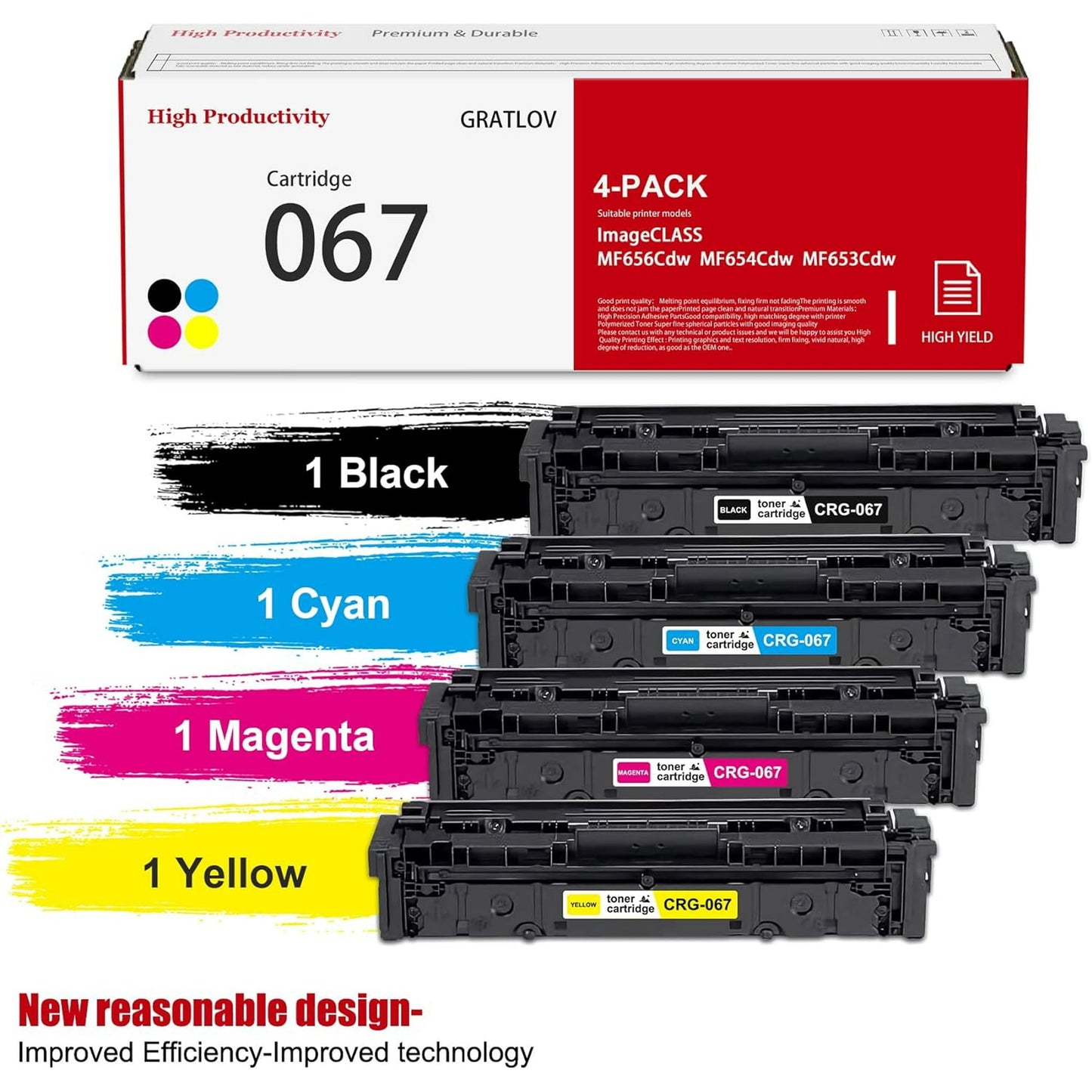 067 High Yield Toner Cartridge (Black Cyan Magenta Yellow, 4 Pack), Replacement for Canon 067 067H Cartridge MF656Cdw MF654Cdw MF653Cdw LBP632Cdw Printer